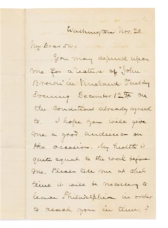 FREDERICK DOUGLASS. Letter confirming his upcoming lecture on John Brown.